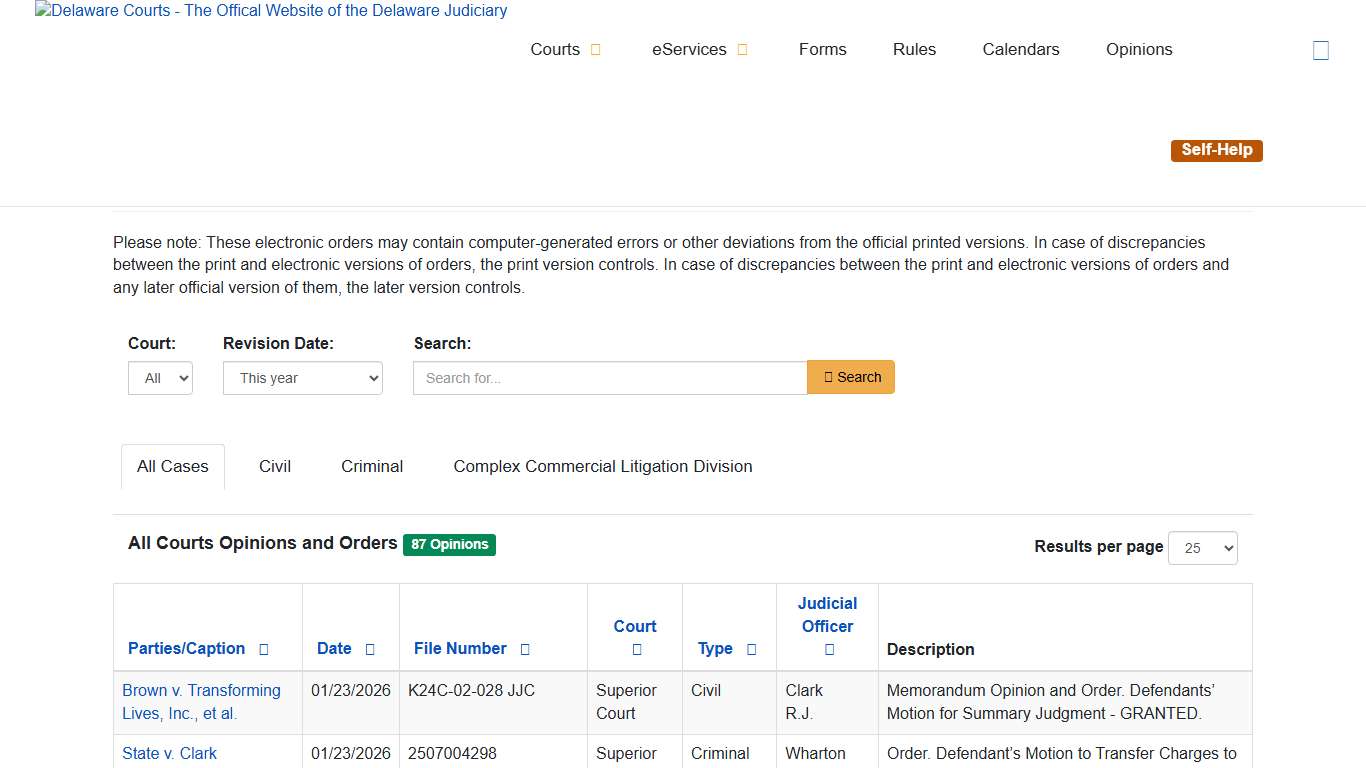 Opinions - Delaware Courts - State of Delaware